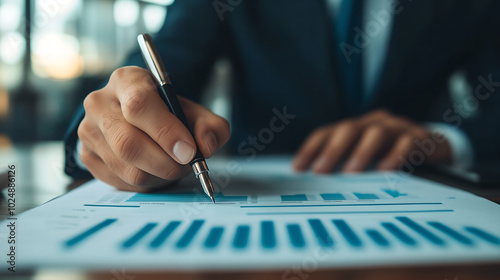 Close-up of Hands Analyzing Financial Data on Paper with a Pen, Representing Business Analysis, Financial Reports, and Decision Making.