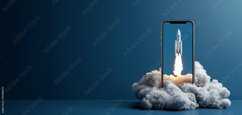 Smartphone with a rocket launch emerging from the screen, clouds of ...