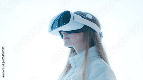 Young Girl Experiencing Virtual Reality with a VR Headset in a Minimalistic White Setting, Representing Future Technology and Immersive Experiences