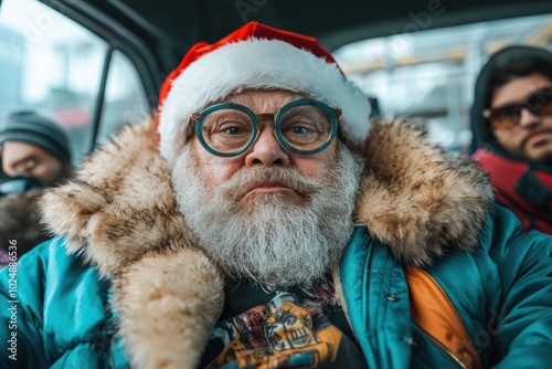 Cool Retro Hipster Santa Claus Wearing Vintage Fur Coat and Glasses, Christmas Cheer with a Modern Twist