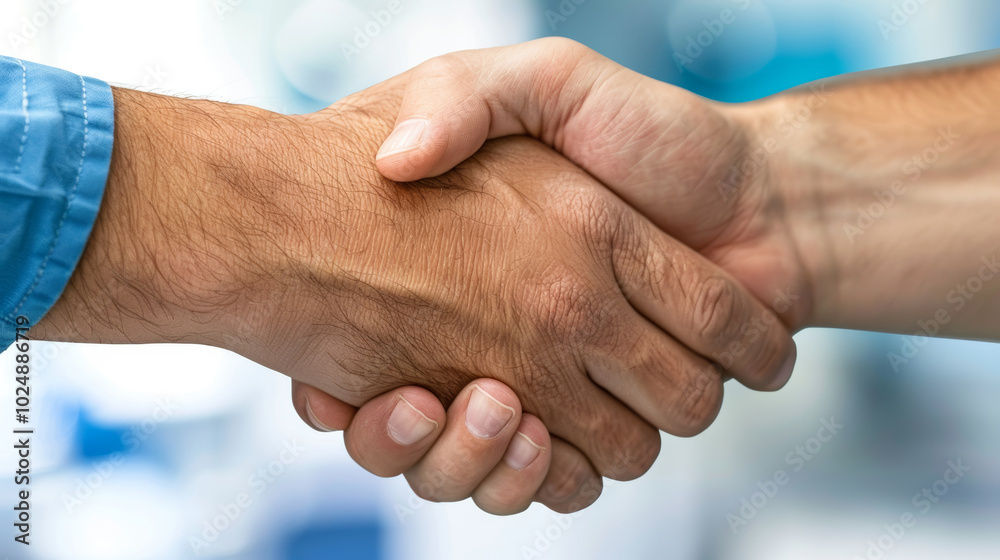 Two individuals shake hands enthusiastically, indicating a positive agreement in a contemporary workspace Two individuals shake hands enthusiastically, indicating a positive agreement in a contemporary workspace