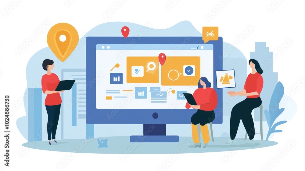 Vector illustration of local SEO strategies, with marketers updating listings and managing online reviews Vector illustration of local SEO strategies, with marketers updating listings and managing online reviews
