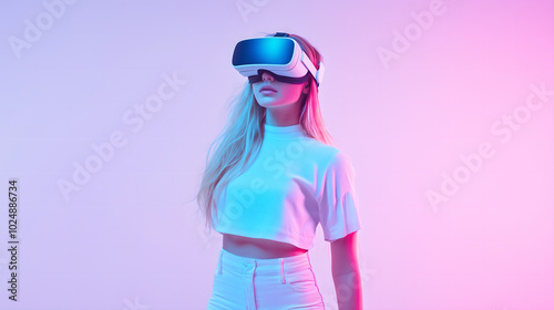 Young Girl Experiencing Virtual Reality with a VR Headset in a Minimalistic White Setting, Representing Future Technology and Immersive Experiences