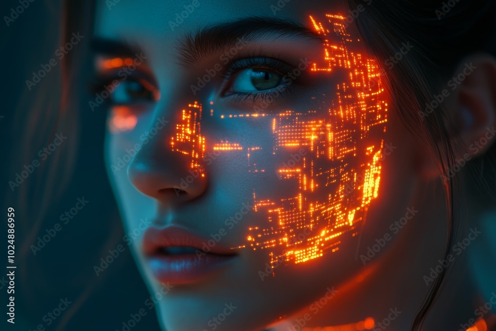 Woman s Face with Futuristic Digital Circuitry Overlay Woman s Face with Futuristic Digital Circuitry Overlay