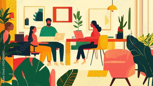 Vector illustration of office life, focusing on diversity and teamwork in a flat, colorful style photo