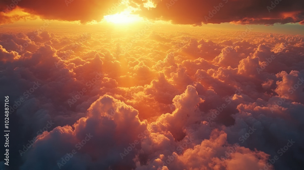 A breathtaking aerial view of a vibrant sunset over a sea of fluffy clouds. The sun's golden rays illuminate the sky, creating a warm and awe-inspiring scene. A breathtaking aerial view of a vibrant sunset over a sea of fluffy clouds. The sun's golden rays illuminate the sky, creating a warm and awe-inspiring scene.