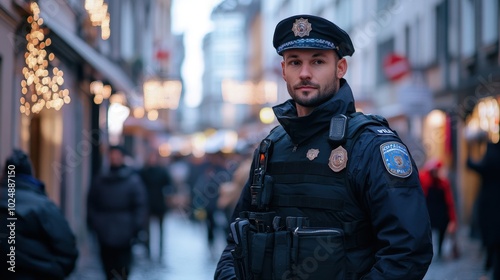 Police Officer on Duty in City Street with Christmas Lights