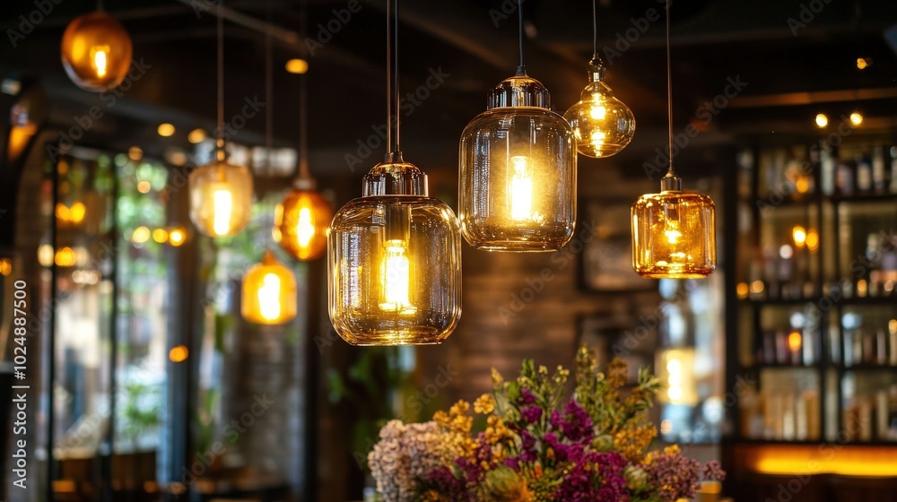 Warm Light Hanging Pendant Lamps in Restaurant Interior Warm Light Hanging Pendant Lamps in Restaurant Interior