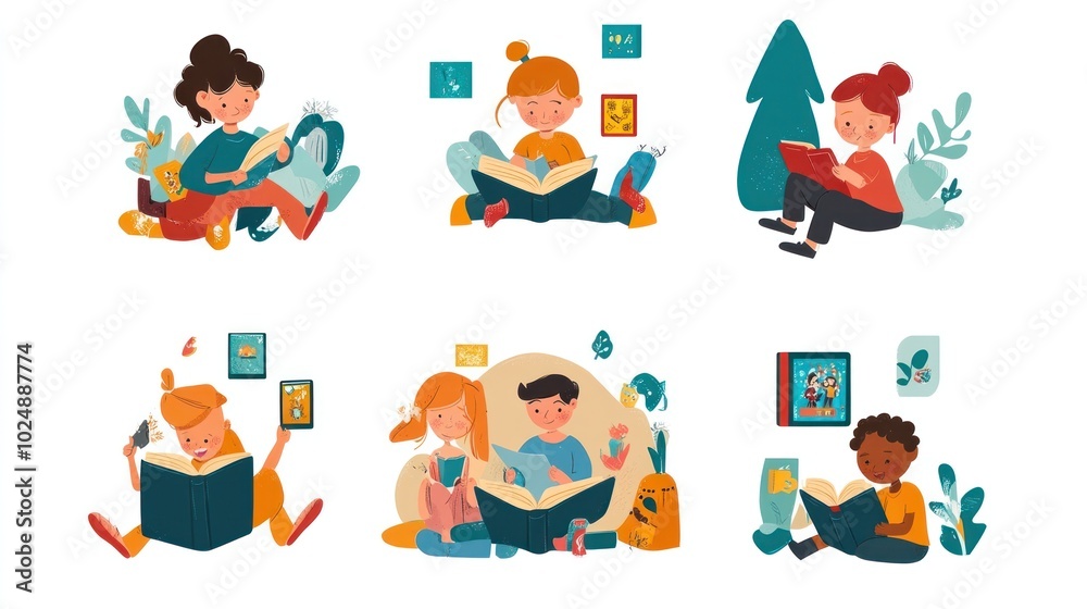 Vector set of kids reading digital books, featuring fairy tales and interactive story scenes on screens Vector set of kids reading digital books, featuring fairy tales and interactive story scenes on screens