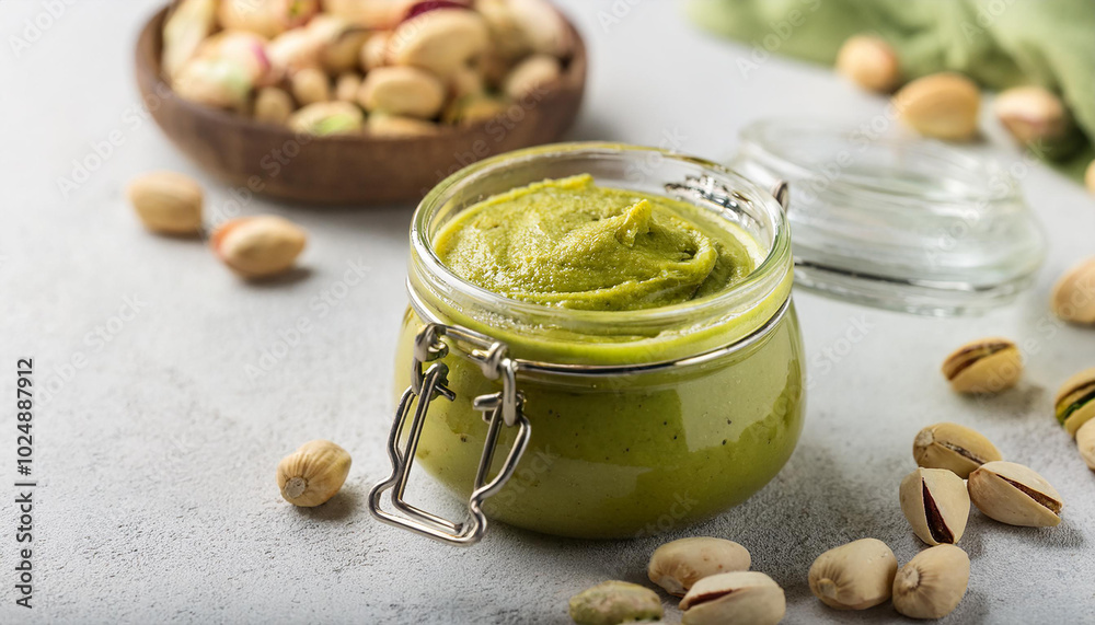 Glass jar of tasty homemade pistachio paste. Delicious food. Natural product.