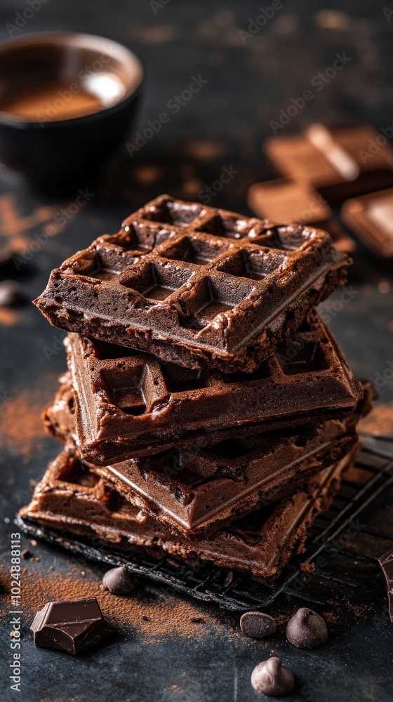Stack of Chocolate Waffles on Cooling Rack with Chocolate Pieces and Cocoa Powder Stack of Chocolate Waffles on Cooling Rack with Chocolate Pieces and Cocoa Powder