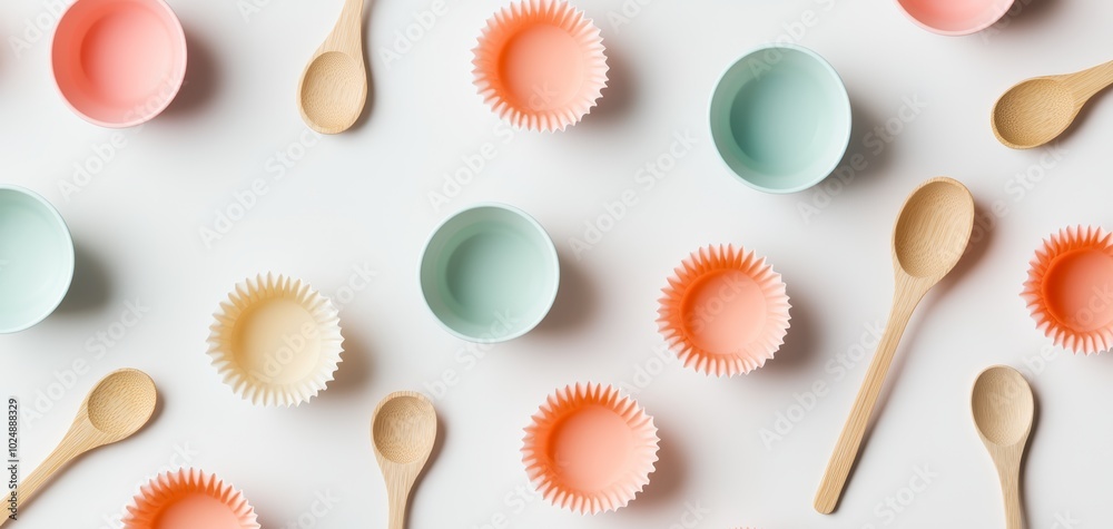 Tiny pastel mixing bowls, wooden spoons, and cupcake liners in soft pastel shades, designed for sticker sheets Tiny pastel mixing bowls, wooden spoons, and cupcake liners in soft pastel shades, designed for sticker sheets