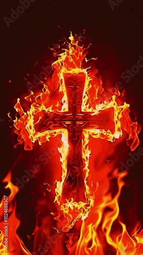 A bold red cross with flames of fire Holy Spirit and sacrifice.  flames can move dynamically in powerful, intense feeling, 4k High-Quality vertical background Animation Video photo