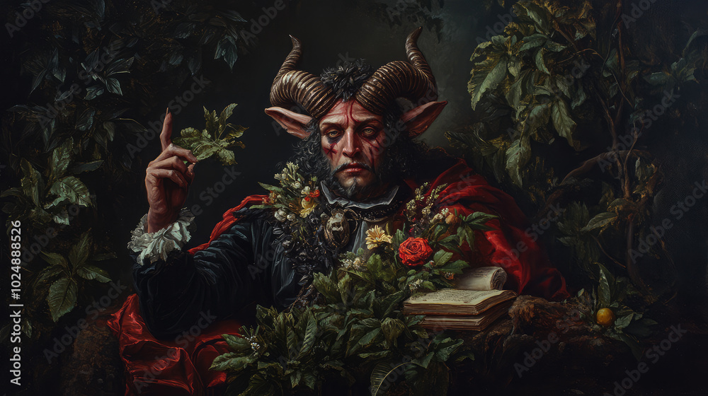Renaissance-style devil in detailed attire, standing in a lush, classical landscape. Renaissance-style devil in detailed attire, standing in a lush, classical landscape.