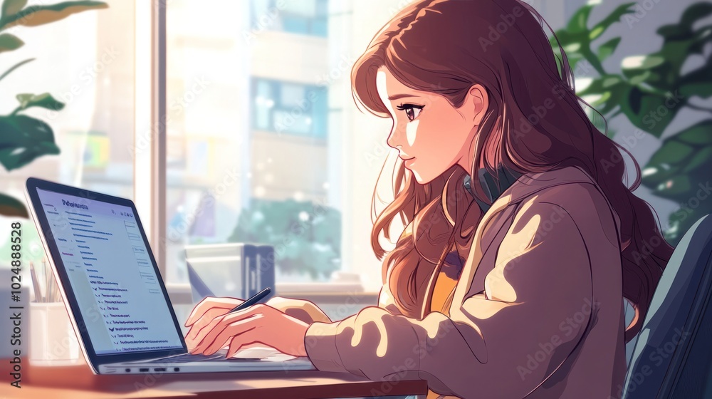 Woman filling online registration in an anime style, sitting comfortably at her desk with a laptop Woman filling online registration in an anime style, sitting comfortably at her desk with a laptop