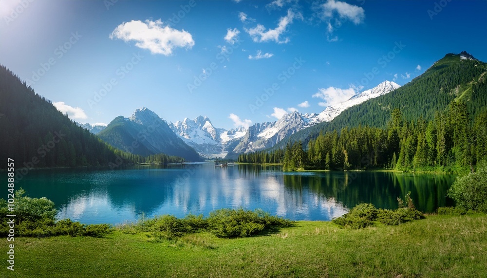 Naklejka premium landscape with lake and mountains