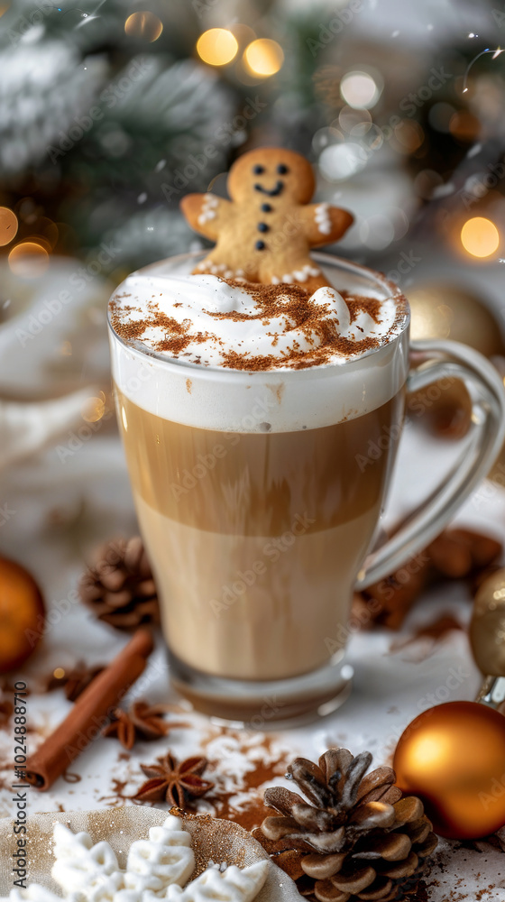 A festive transparent glass of latte with cinnamon, gingerbread man, and Christmas decorations in the background, creating a warm holiday atmosphere. A festive transparent glass of latte with cinnamon, gingerbread man, and Christmas decorations in the background, creating a warm holiday atmosphere.