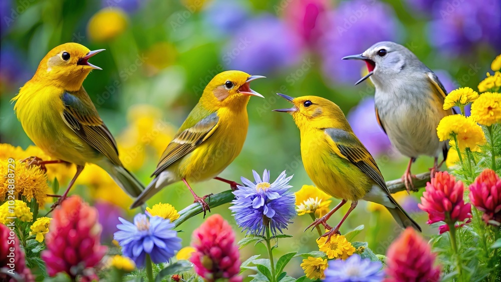 Colorful Warblers Singing in a Vibrant Garden Colorful Warblers Singing in a Vibrant Garden