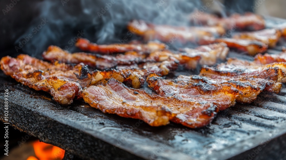 Sizzling Bacon Cooking on Grill with Smoke