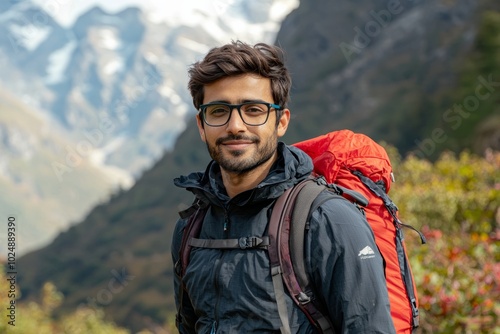 Man with glasses is standing in front of a mountain range. He is looking at camera. Indian man with fair skin, wearing smart casual attire, modern spectacles, standing confidently on a mountain trail