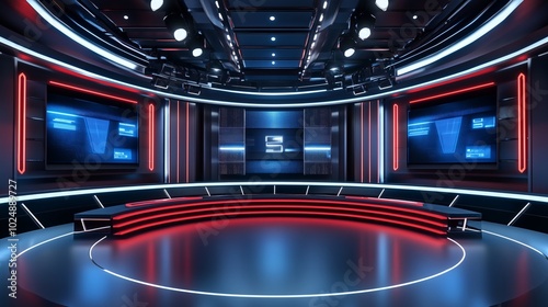 TV news, virtual studio background. Ideal also for online shows or live events. Modern 3D rendering backdrop suitable on VR tracking system stage sets