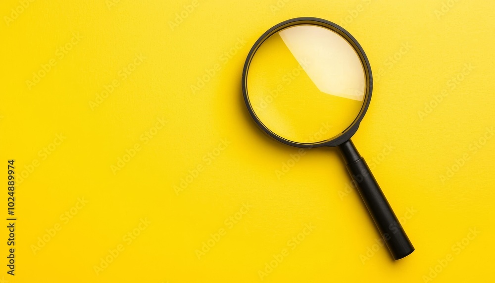 Black magnifying glass on a yellow backdrop, creating a strong visual impact, symbolizing clarity, focus, and inquiry with a modern design Black magnifying glass on a yellow backdrop, creating a strong visual impact, symbolizing clarity, focus, and inquiry with a modern design