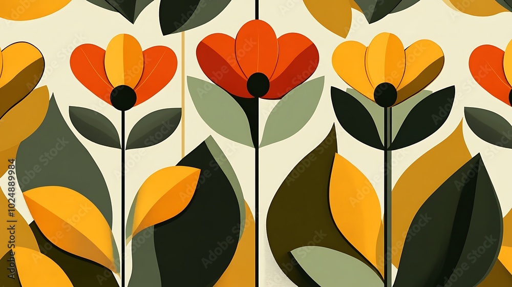 A mid-century modern-inspired pattern with elongated leaf shapes, bold lines, and minimalistic flower forms, warm hues of amber, ochre, and olive green, centered composition, clean vector design, A mid-century modern-inspired pattern with elongated leaf shapes, bold lines, and minimalistic flower forms, warm hues of amber, ochre, and olive green, centered composition, clean vector design,