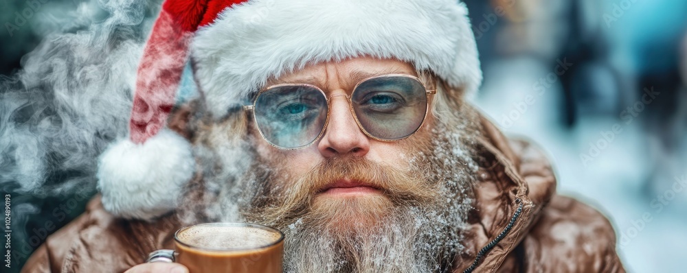 Thoughtful Hipster Santa Claus in Deep Reflection, Sipping on Hot Chocolate, Christmas Spirit, Winter Holidays, Cozy Season, Festive Mood, Holiday Cheer, Christmas Eve, Winter Wonderland, Christmas
