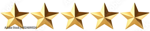  Five shiny gold stars in a row, isolated on white. Perfect for rating systems, reviews, achievements, quality rankings, or any design highlighting excellence and top performance.