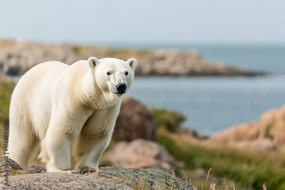 A polar bear standing on rocky terrain near a calm body of water. A polar bear standing on rocky terrain near a calm body of water.