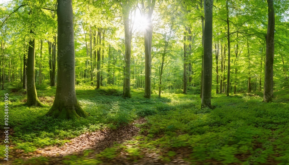 extra wide panorama of an amazing scenic forest with fresh green beech trees and the sun casting its rays of light through the foliage extra wide panorama of an amazing scenic forest with fresh green beech trees and the sun casting its rays of light through the foliage