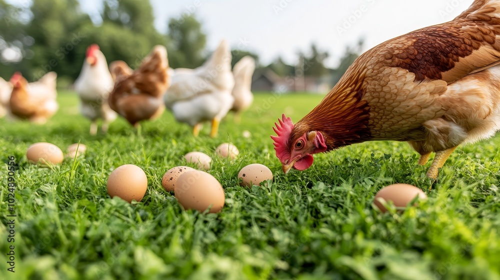 Fototapeta premium free-range chickens grazing in an organic farm, lush green fields with scattered eggs under bushes