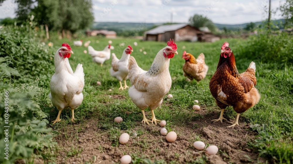 free-range chickens grazing in an organic farm, lush green fields with scattered eggs under bushes free-range chickens grazing in an organic farm, lush green fields with scattered eggs under bushes