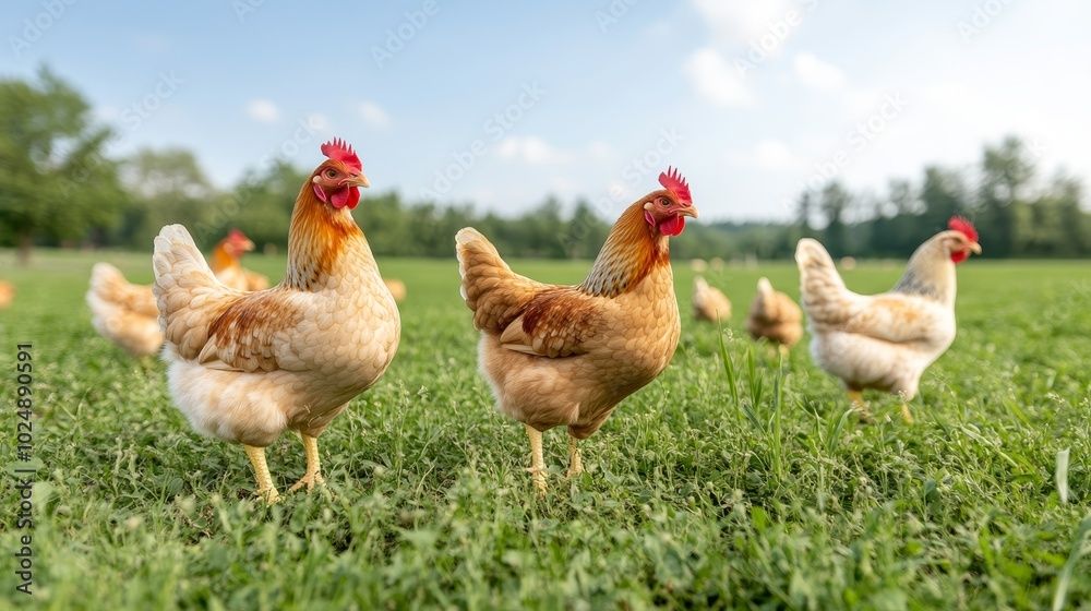 Fototapeta premium free-range hens laying eggs in a grassy organic farm, trees and bushes providing shade and natural food