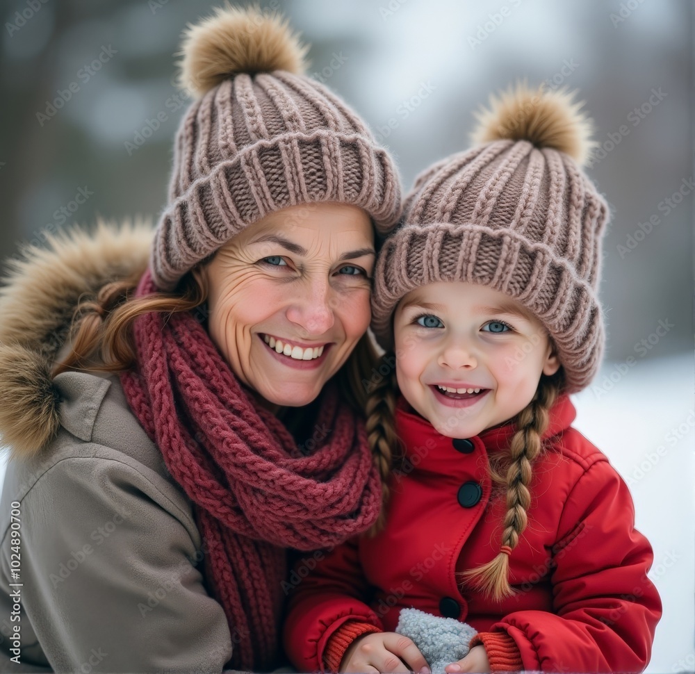 portrait of Grandmother and granddaughter warmly dressed in snow park. Old woman and little girl together outside in winter. Ideal for family bonding, seasonal joy portrait of Grandmother and granddaughter warmly dressed in snow park. Old woman and little girl together outside in winter. Ideal for family bonding, seasonal joy