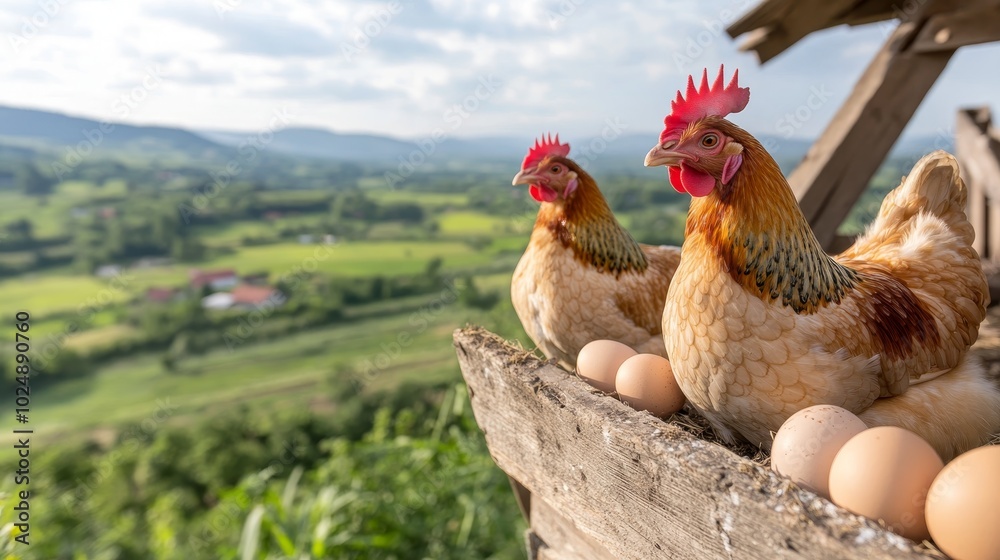 Fototapeta premium chickens in a traditional wooden coop laying eggs naturally, rustic countryside landscape in the background