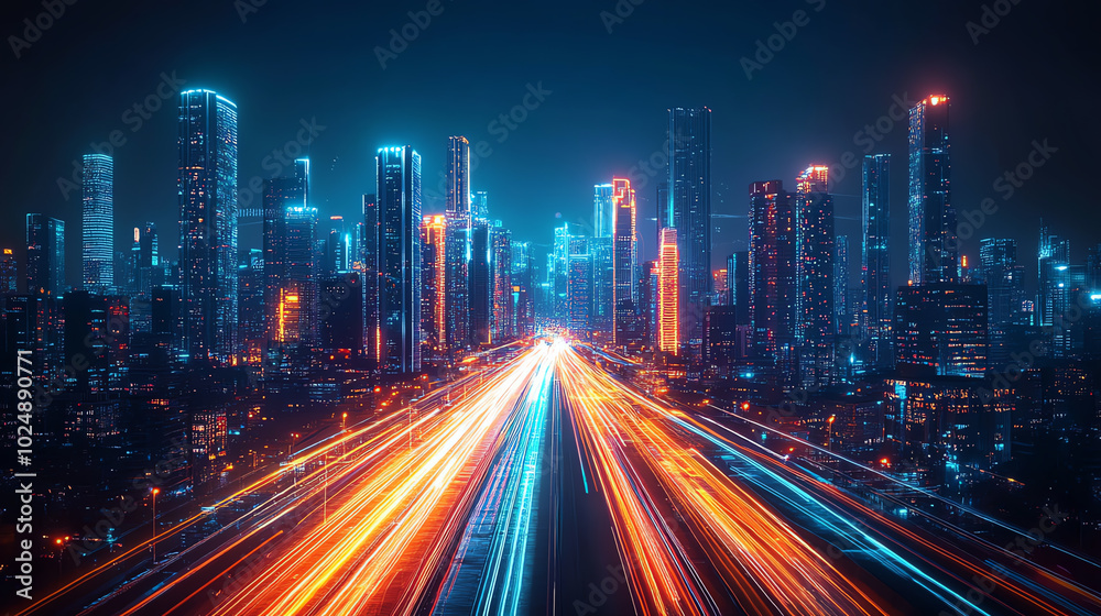 Bright neon-infused megacity featuring interconnected high-rises, with glowing lines traversing the roads, front view. Digital tone, Tetradic color scheme Bright neon-infused megacity featuring interconnected high-rises, with glowing lines traversing the roads, front view. Digital tone, Tetradic color scheme