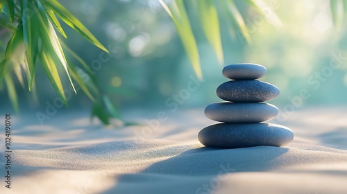 A minimalist illustration of zen stones stacked in perfect balance, shades of soft gray and blue, delicate shadows and highlights, placed on a smooth sand surface with subtle textures,