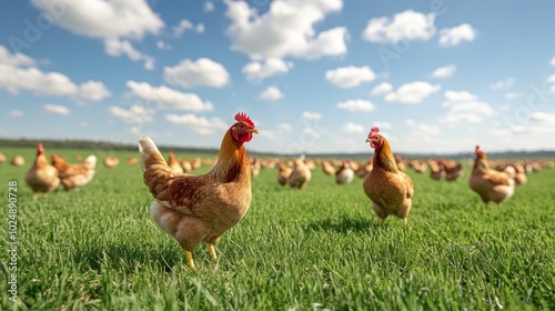 eggs laid in a natural environment with free-range chickens roaming, grassy pastures under blue sky