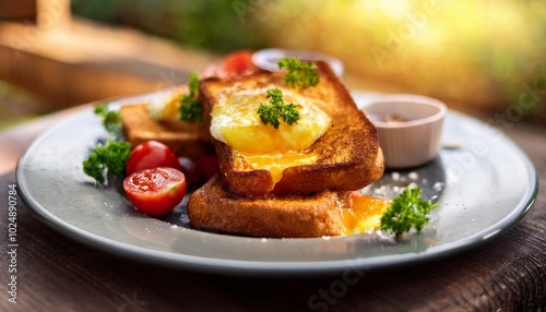 egg coated fried bread salty french toast with vegetables outdoors brunch