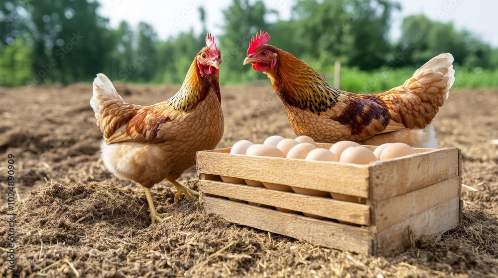 Fototapeta premium chickens roaming freely in a rural farm, natural wooden nesting boxes with eggs inside, traditional farming scene
