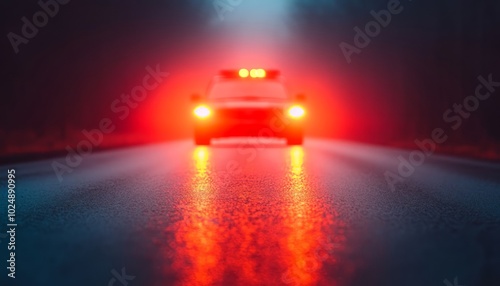 A police car with flashing lights on a wet road in a foggy environment.