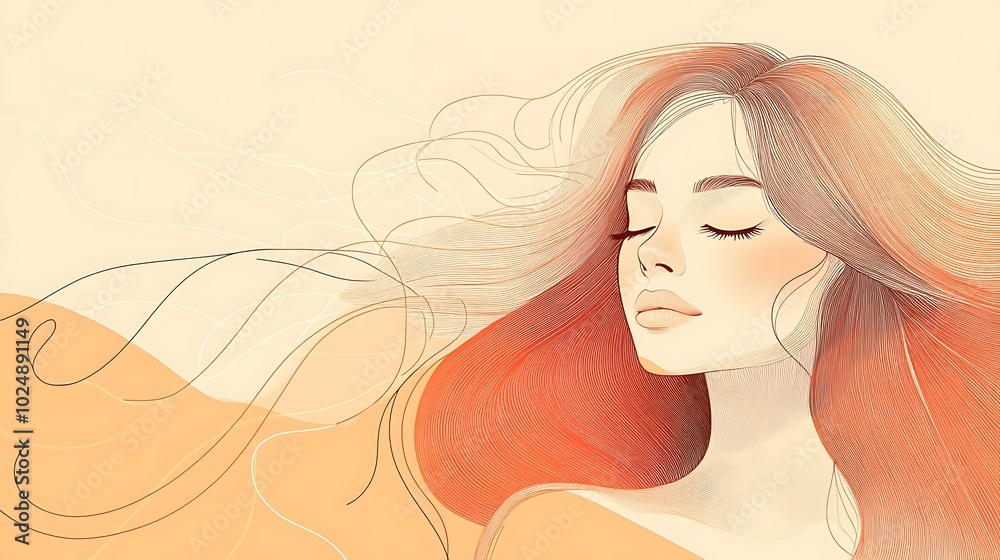A minimalist line art portrait of a woman in a relaxed pose, her hair flowing in smooth curves, abstract shapes highlighting her features, placed on a muted pastel background, A minimalist line art portrait of a woman in a relaxed pose, her hair flowing in smooth curves, abstract shapes highlighting her features, placed on a muted pastel background,