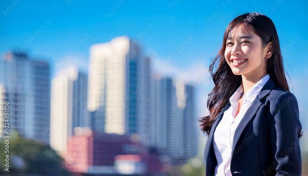 Fototapeta premium A side profile of an Asian businesswoman smiling under the dazzling lights of the city.