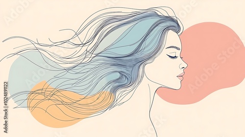 A minimalist line art portrait of a woman in a relaxed pose, her hair flowing in smooth curves, abstract shapes highlighting her features, placed on a muted pastel background,