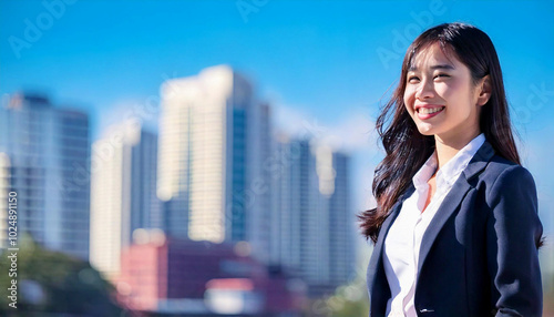 A side profile of an Asian businesswoman smiling under the dazzling lights of the city.