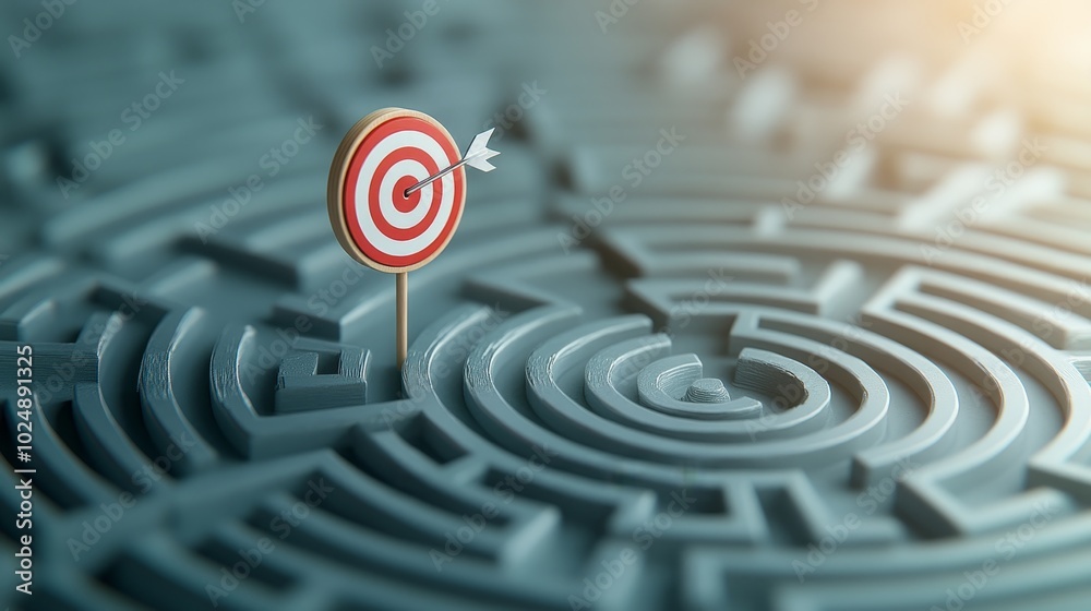 Bullseye target in the middle of a maze, with all paths leading toward it in a metaphor for focus, 3D illustration Bullseye target in the middle of a maze, with all paths leading toward it in a metaphor for focus, 3D illustration