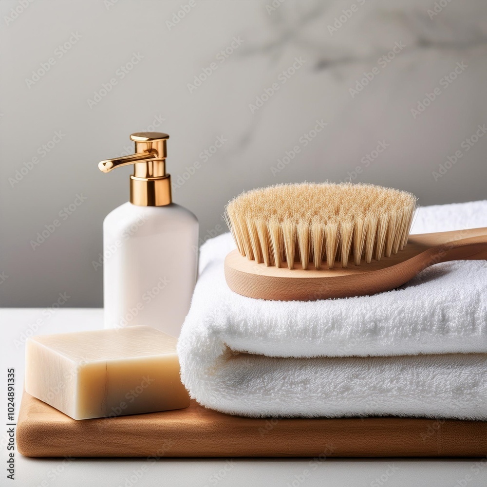 folded soft white terry towel with soap and wooden back brush on light background folded soft white terry towel with soap and wooden back brush on light background