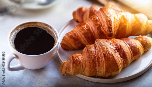 breakfast with cup of coffee and croissants