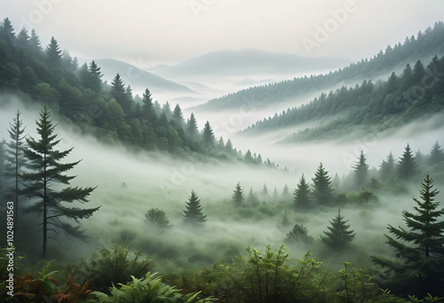 Foggy natural landscape, with thick mist covering a dense forest photo